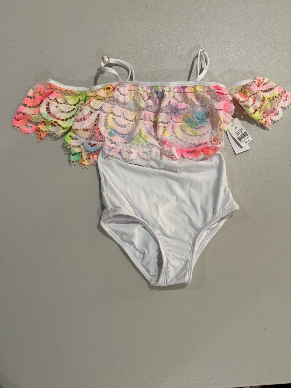 PQ Swim White One-Piece with Neon Lace Off-Shoulder Ruffle
